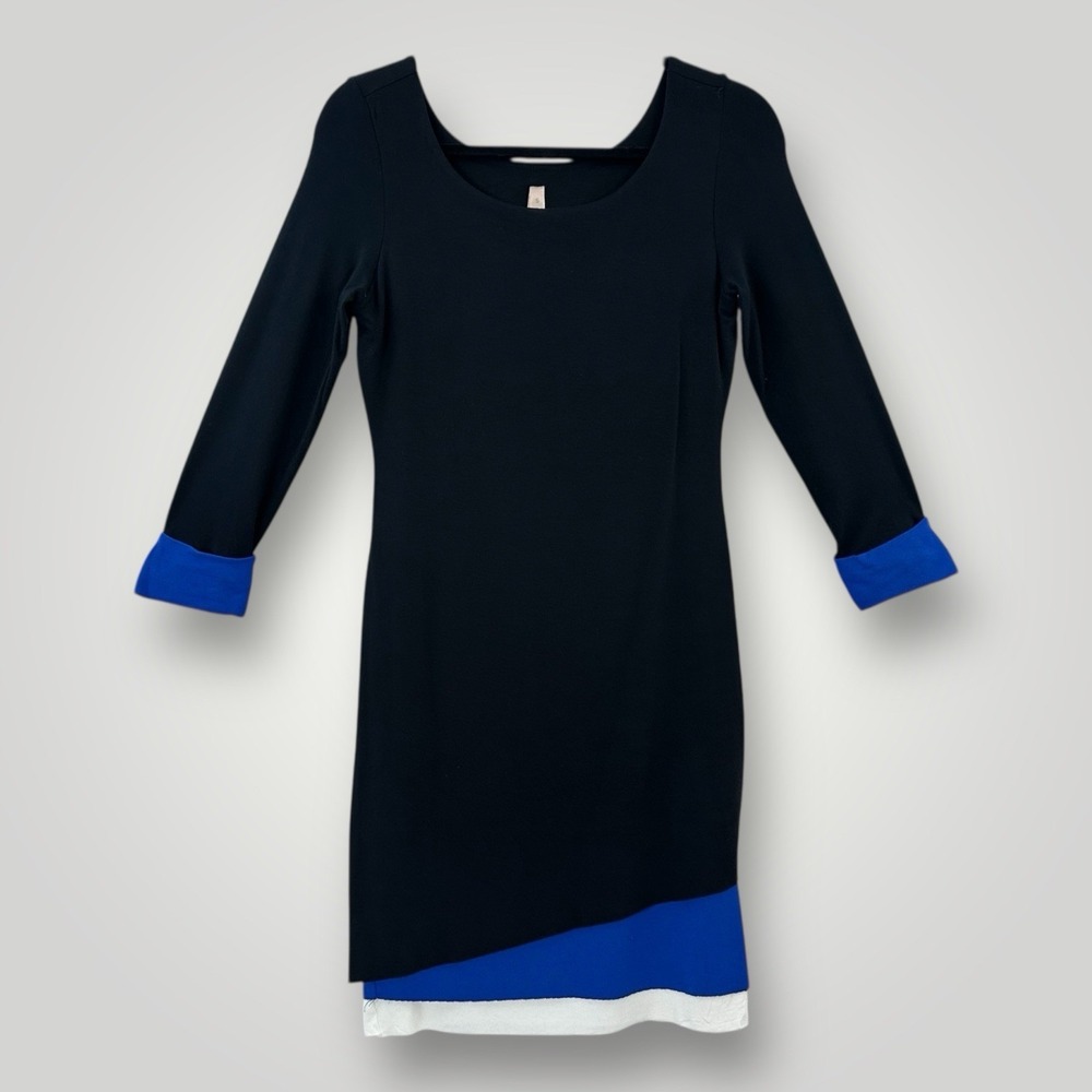 Bailey 44 Dress Black w Blue Trim Womans Size SMALL Long Sleeves Rayon Stretch‎